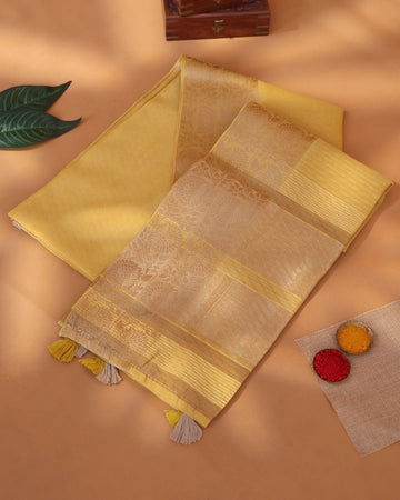 Semi Tissue Saree with Intricate Floral Zari Border and Woven Contrast Striped Tissue Pallu - Yellow