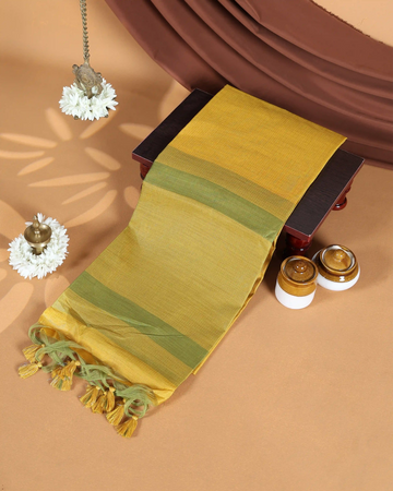 Raw Silk Saree with Green Temple Border and Striped Body Design - Yellow
