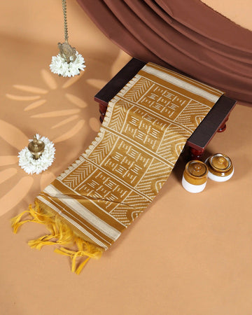 Semi Tissue Saree with Contrast White Cow Motifs Butti Design & Classic Striped Border - Yellow