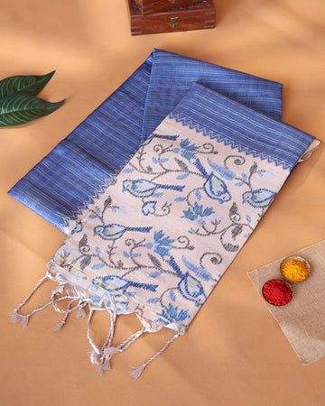 Semi Tussar Saree with Checked Body Floral Vine Border and Intricate Floral Jaal Pallu - Blue