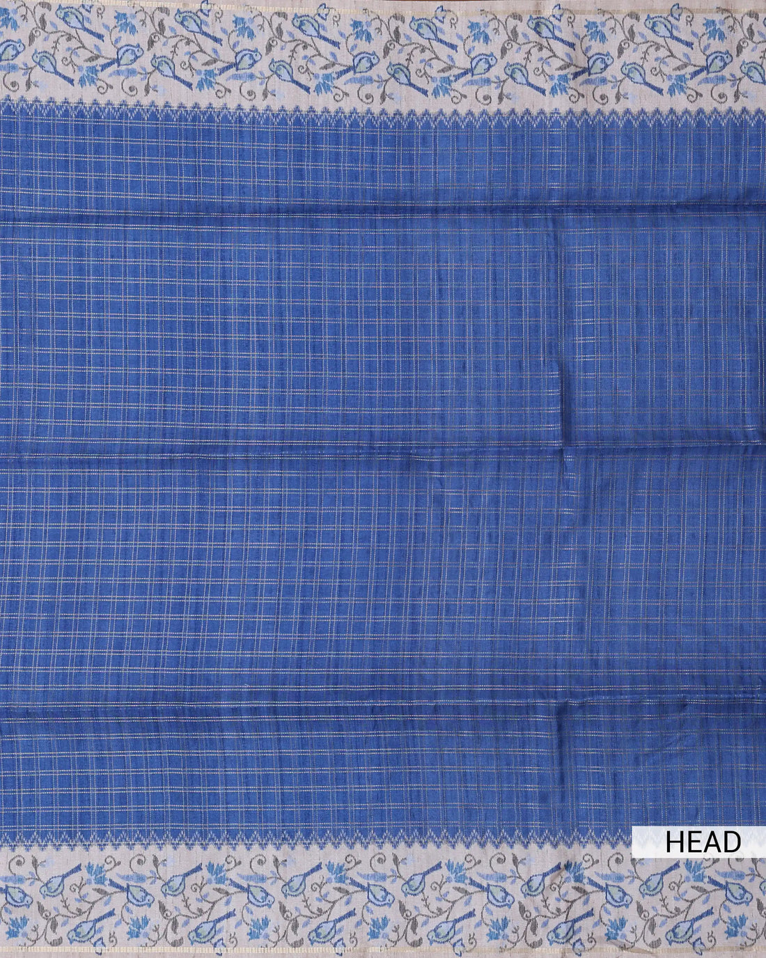 Semi Tussar Saree with Checked Body Floral Vine Border and Intricate Floral Jaal Pallu - Blue