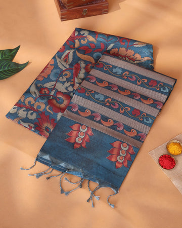 Semi Tussar Saree with Floral Kalamkari Woven Design Traditional Motifs Intricate Border - Blue
