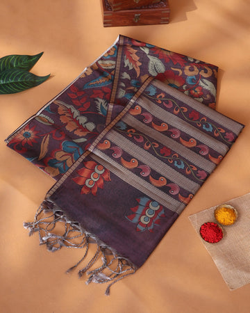 Semi Tussar Saree with Floral Kalamkari Woven Design Traditional Motifs Intricate Border - Brown