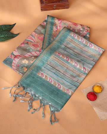 Semi Tussar Saree with Kalamkari Inspired Floral Paisley and Peacock Motifs Intricate Printed Body and Striped Border - Teal Green