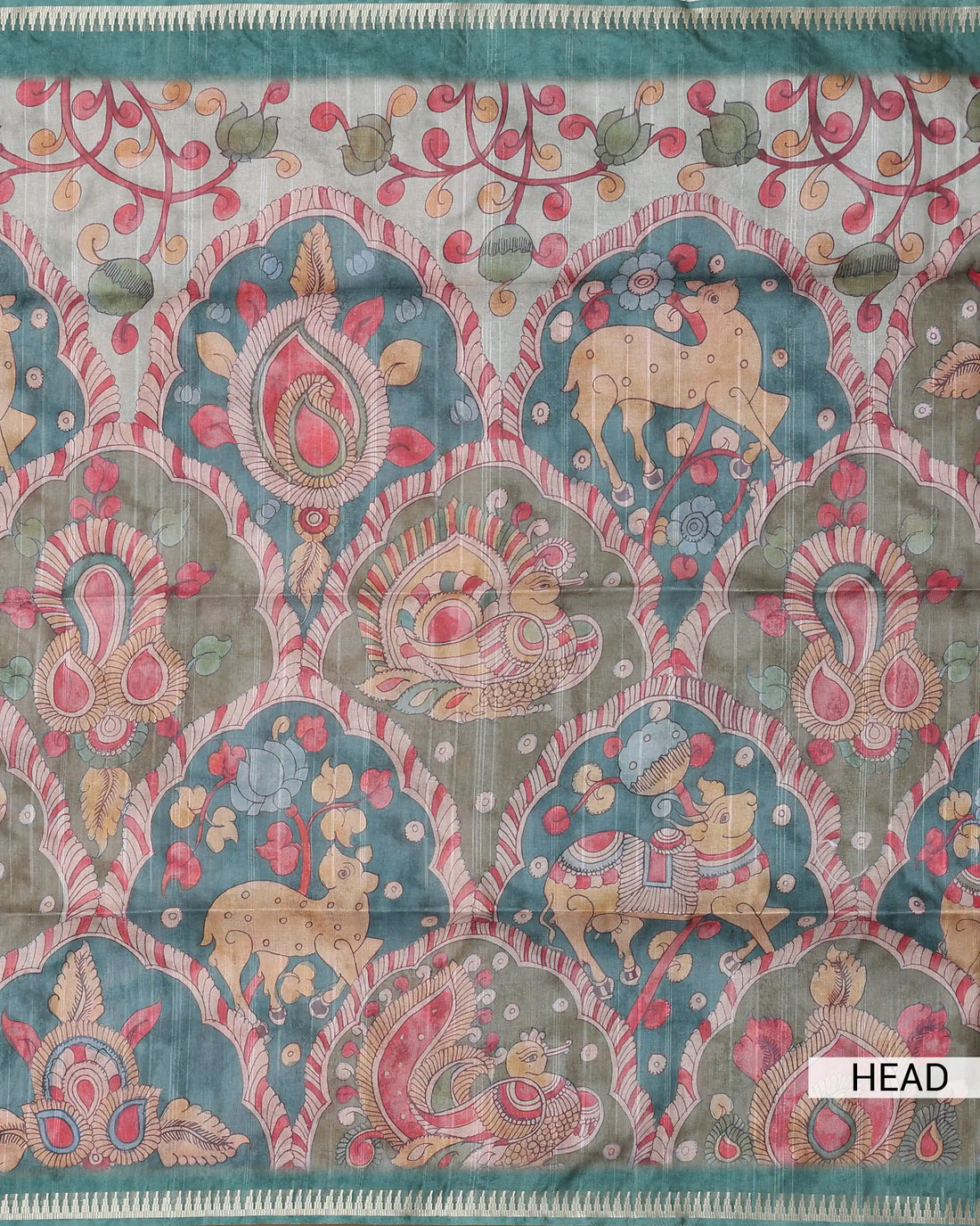 Semi Tussar Saree with Kalamkari Inspired Floral Paisley and Peacock Motifs Intricate Printed Body and Striped Border - Teal Green