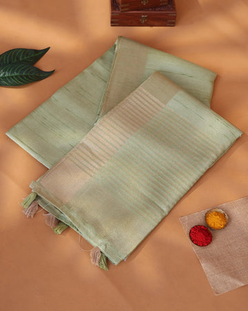 Semi Tussar Saree with Striped Woven Texture and Contrast Border – Green