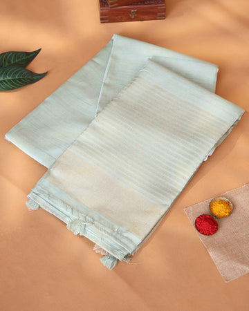Semi Tussar Saree for Women with Striped Woven Texture and Contrast Border - Pastel Green