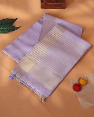 Semi Tussar Saree with Striped Woven Texture and Contrast Border – Lavender