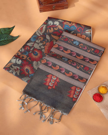 Semi Tussar Saree with Floral Kalamkari Woven Design Traditional Motifs Intricate Border - Dark Grey