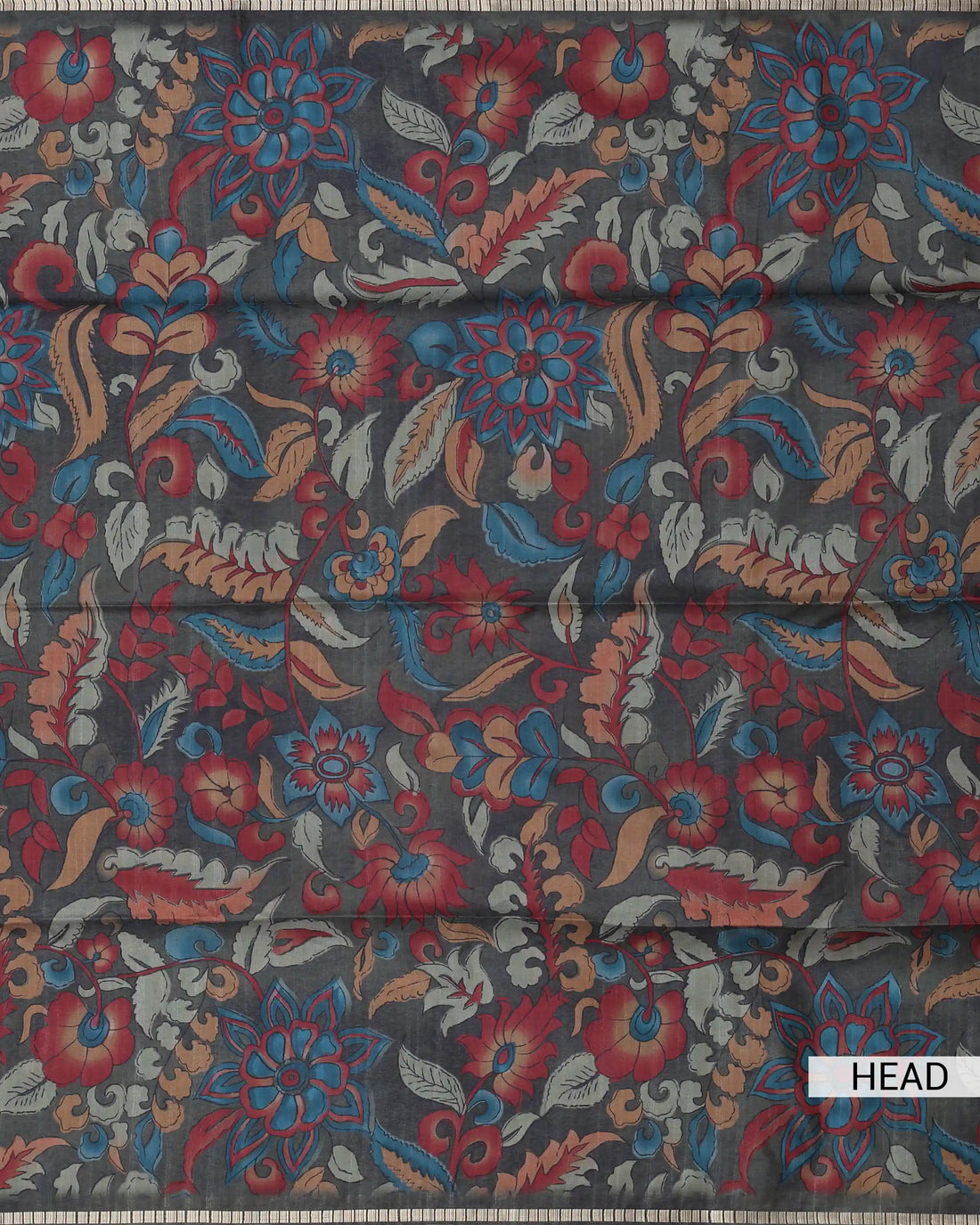 Semi Tussar Saree with Floral Kalamkari Woven Design Traditional Motifs Intricate Border - Dark Grey