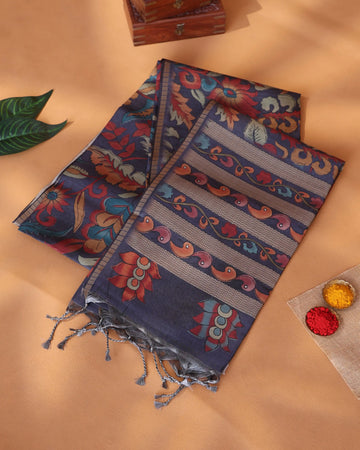 Semi Tussar Saree with Floral Kalamkari Woven Design Traditional Motifs Intricate Border - Navy Blue
