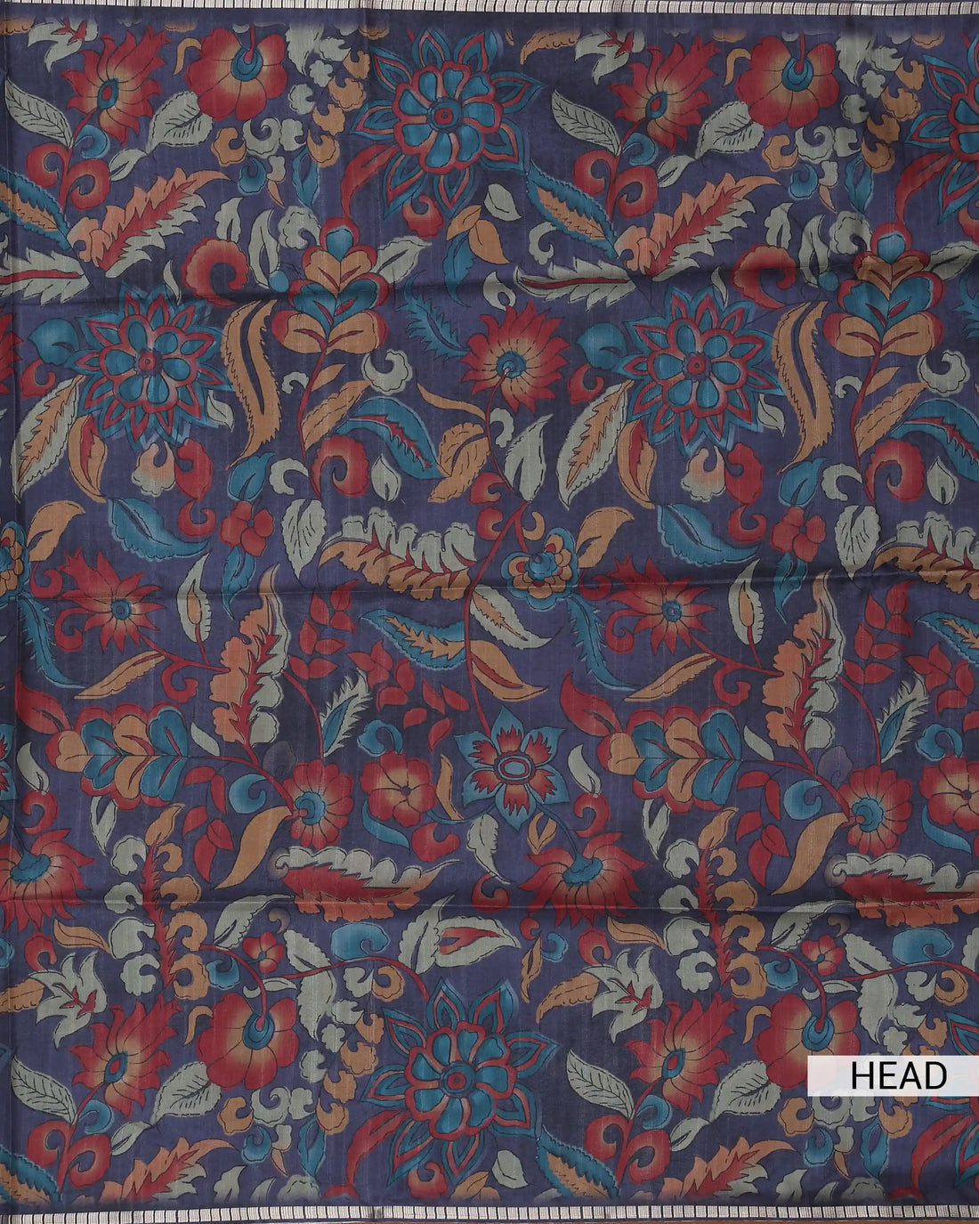 Semi Tussar Saree with Floral Kalamkari Woven Design Traditional Motifs Intricate Border - Navy Blue