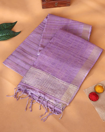 Semi Tussar Saree with Checked Woven Body and Horizontal Striped Border - Lavender