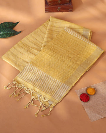 Semi Tussar Saree with Checked Woven Body and Horizontal Striped Border - Yellow