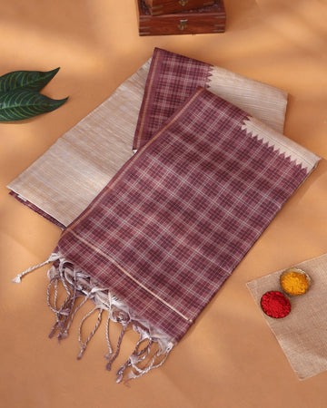 Semi Tussar Saree with Checkered Weave Intricate Contrast Border and Traditional Woven Pallu - Maroon