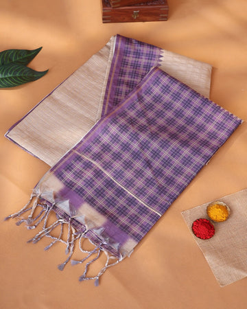 Semi Tussar Saree with Checkered Weave Intricate Contrast Border and Traditional Woven Pallu - Purple