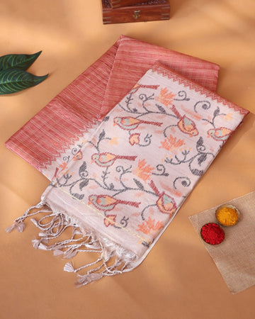 Semi Tussar Saree with Checked Body Floral Vine Border and Intricate Floral Jaal Pallu - Orange