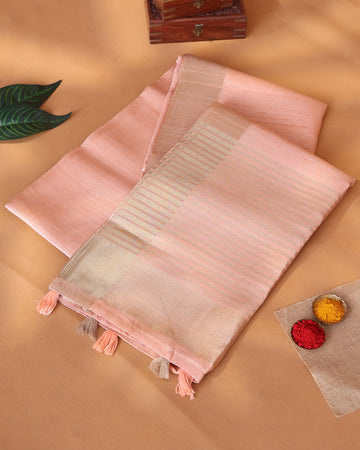 Semi Tussar Saree with Striped Woven Texture and Contrast Border – Peach