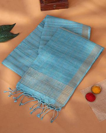 Semi Tussar Saree with Checked Woven Body and Horizontal Striped Border - Blue