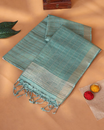 Semi Tussar Saree with Checked Woven Body and Horizontal Striped Border - Light Green