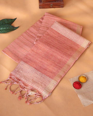 Semi Tussar Saree with Checked Woven Body and Horizontal Striped Border - Peach