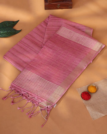Semi Tussar Saree with Checked Woven Body and Horizontal Striped Border - Pink