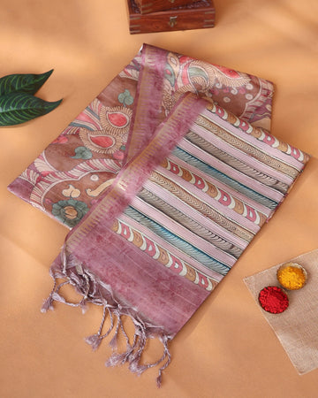 Semi Tussar Saree with Kalamkari Inspired Floral Paisley and Peacock Motifs Intricate Printed Body and Striped Border - Onion Pink