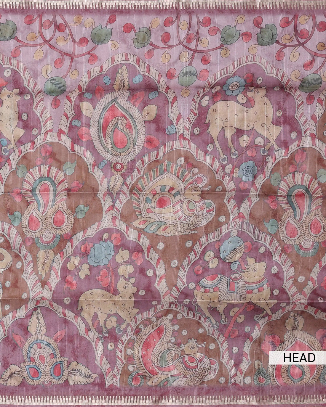 Semi Tussar Saree with Kalamkari Inspired Floral Paisley and Peacock Motifs Intricate Printed Body and Striped Border - Onion Pink
