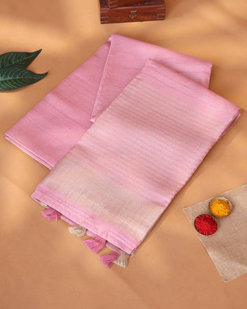 Semi Tussar Saree for Women with Striped Woven Texture and Contrast Border - Pink