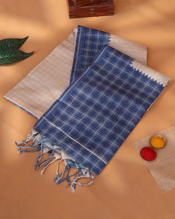 Semi Tussar Saree with Checkered Weave Intricate Contrast Border and Traditional Woven Pallu - Blue