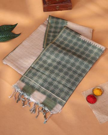 Semi Tussar Saree with Checkered Weave Intricate Contrast Border and Traditional Woven Pallu - Green