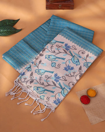 Semi Tussar Saree with Checked Body Floral Vine Border and Intricate Floral Jaal Pallu - Teal