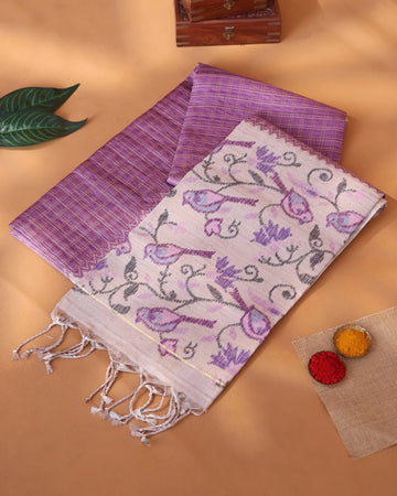 Semi Tussar Saree with Checked Body Floral Vine Border and Intricate Floral Jaal Pallu - Purple