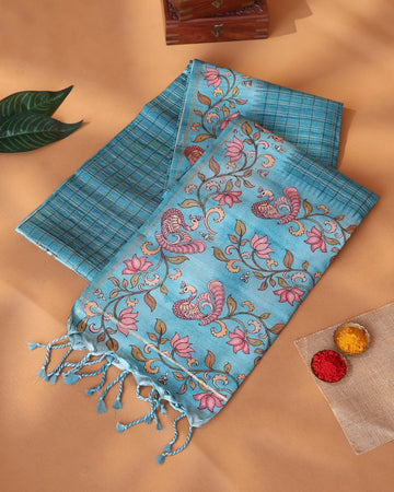 Semi Tussar Saree with Checked Body Pattern Floral and Peacock Motifs Printed Pallu and Tasselled Finish - Teal