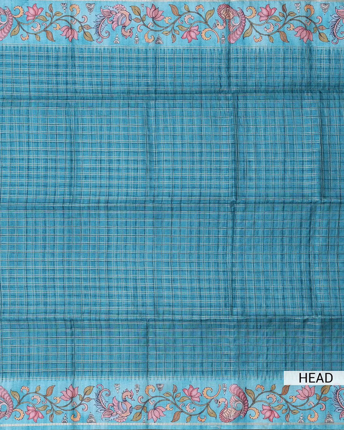 Semi Tussar Saree with Checked Body Pattern Floral and Peacock Motifs Printed Pallu and Tasselled Finish - Teal
