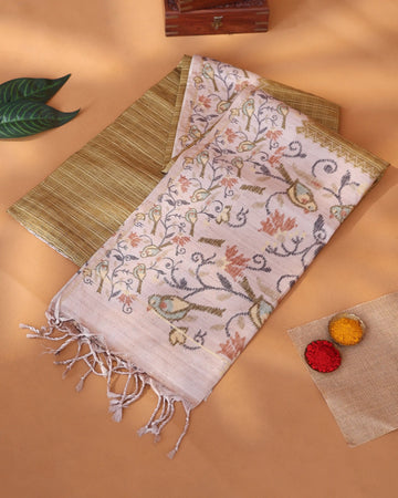 Semi Tussar Saree with Checked Body Floral Vine Border and Intricate Floral Jaal Pallu - Olive Green