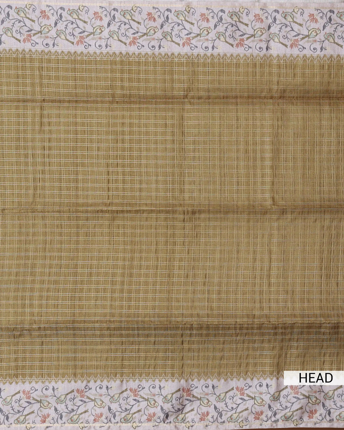 Semi Tussar Saree with Checked Body Floral Vine Border and Intricate Floral Jaal Pallu - Olive Green