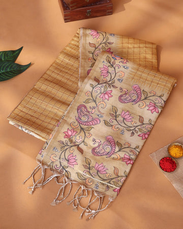 Semi Tussar Saree with Checked Body Pattern Floral and Peacock Motifs Printed Pallu and Tasselled Finish - Sandal