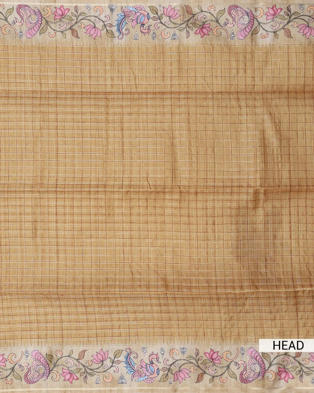 Semi Tussar Saree with Checked Body Pattern Floral and Peacock Motifs Printed Pallu and Tasselled Finish - Sandal