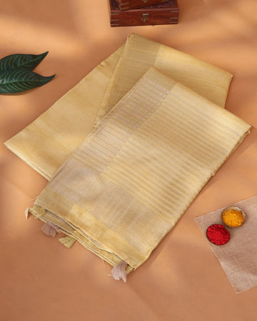 Semi Tussar Saree with Striped Woven Texture and Contrast Border – Yellow