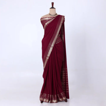 Mysore Silk saree with plain maroon body and gold zari woven border, front drape view