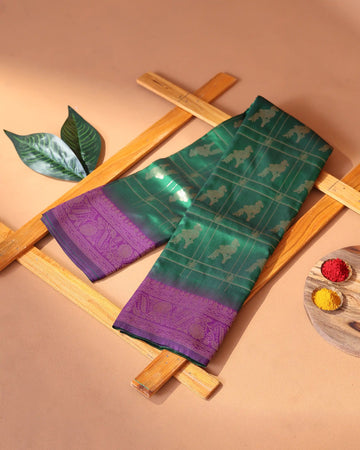 Semi Soft Silk Saree with Checked Pattern and Intricate Zari Bird Motifs with Purple Zari Border - Bottle Green