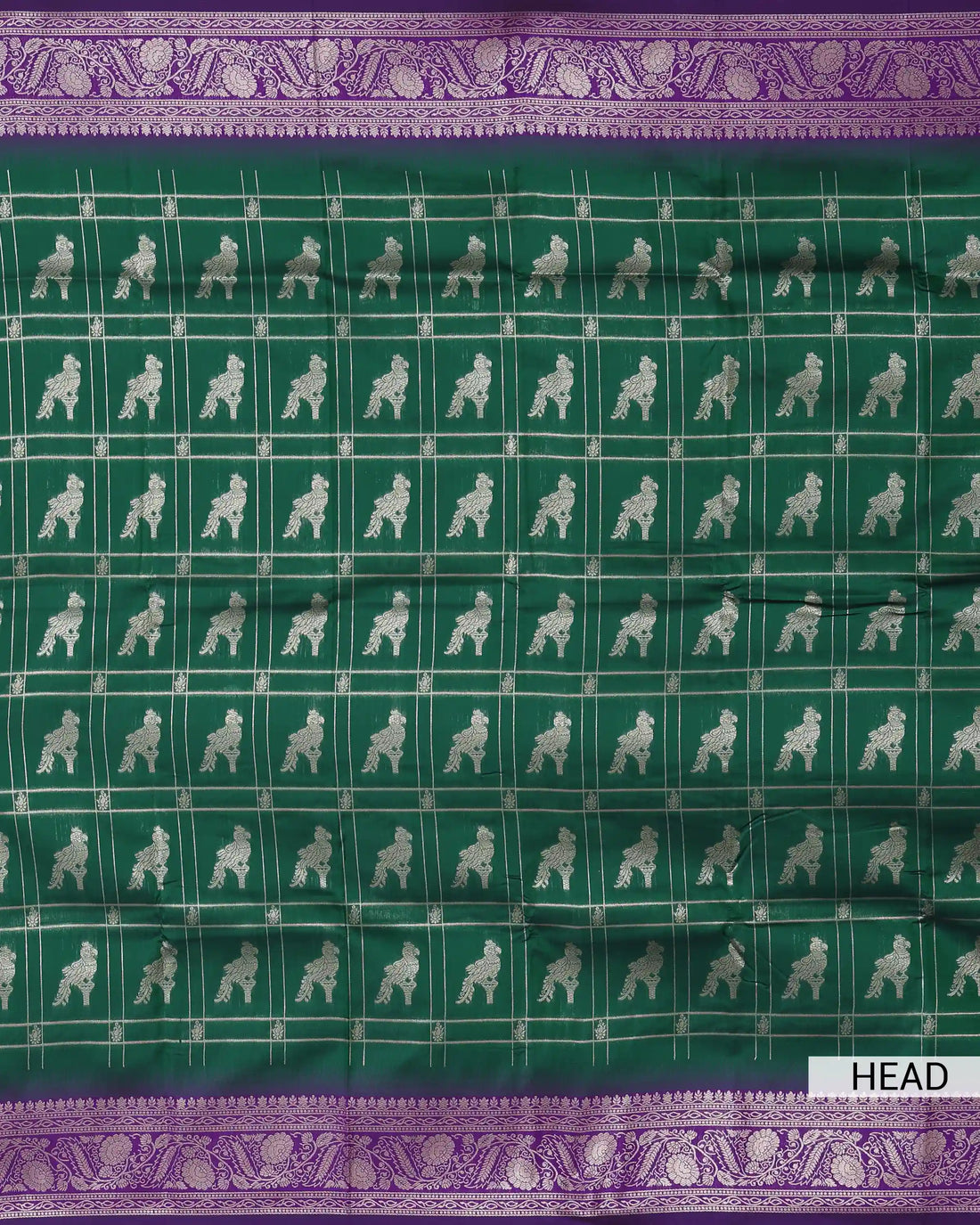 Semi Soft Silk Saree with Checked Pattern and Intricate Zari Bird Motifs with Purple Zari Border - Bottle Green
