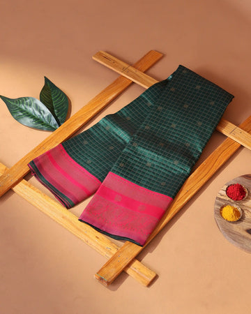 Semi Soft Silk Saree with Checked Design & Small Floral Motifs with Pink Zari Border – Bottle Green
