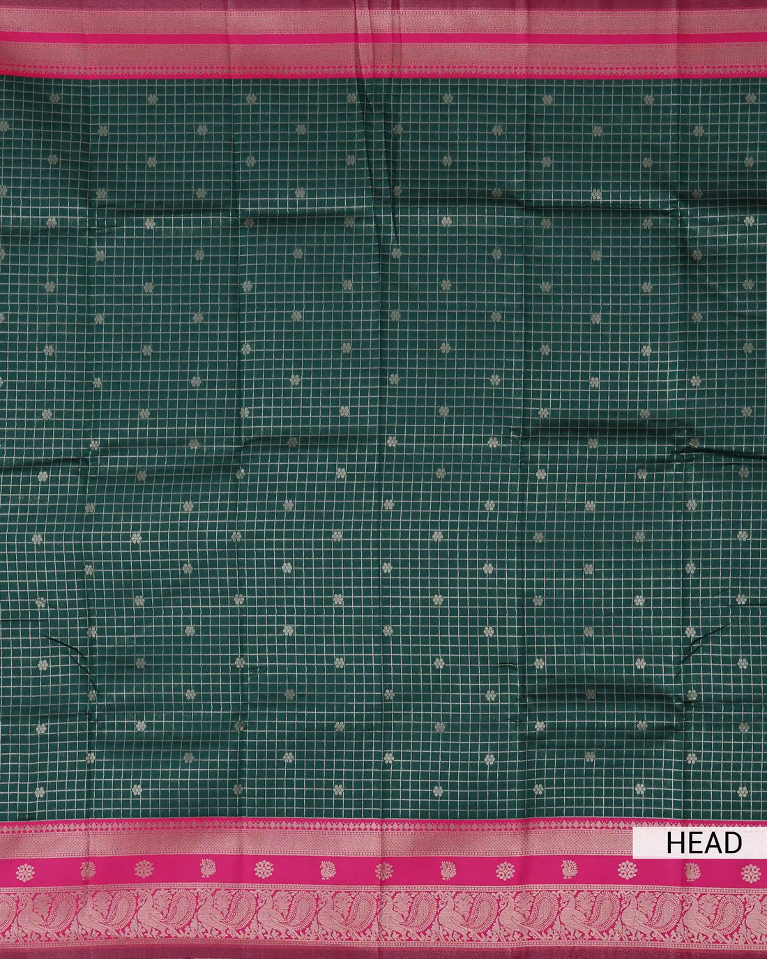 Semi Soft Silk Saree with Checked Design & Small Floral Motifs with Pink Zari Border – Bottle Green