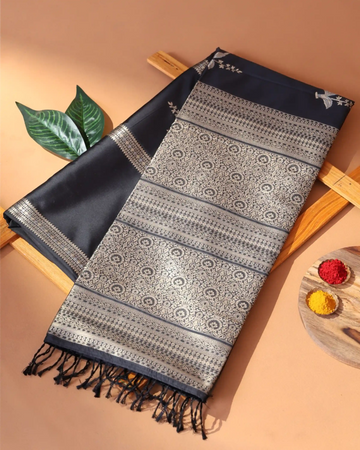 Semi Soft Silk Saree with Floral Motifs and Intricate Zari Woven Border - Black