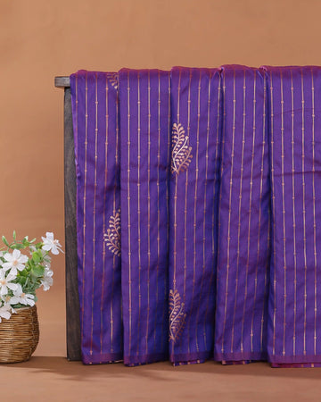 Semi Soft Silk Saree with Striped Zari Weave Intricate Leaf Motifs and Woven Border - Blue