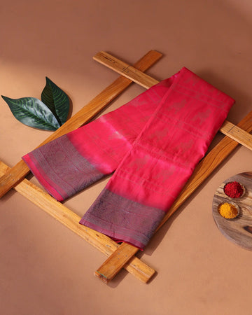 Semi Soft Silk Saree with Checked Design & Peacock Motifs with Zari Border – Dark Pink