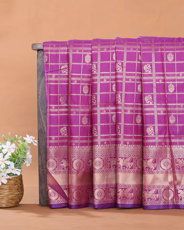 Semi Soft Silk Saree with Traditional Checked Pattern Intricate Woven Motifs and Elaborate Zari Border - Purple