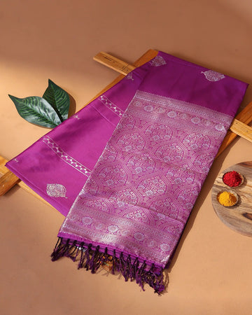 Semi Soft Silk Saree with Floral Zari Border and Intricate Zari Pallu - Dark Purple